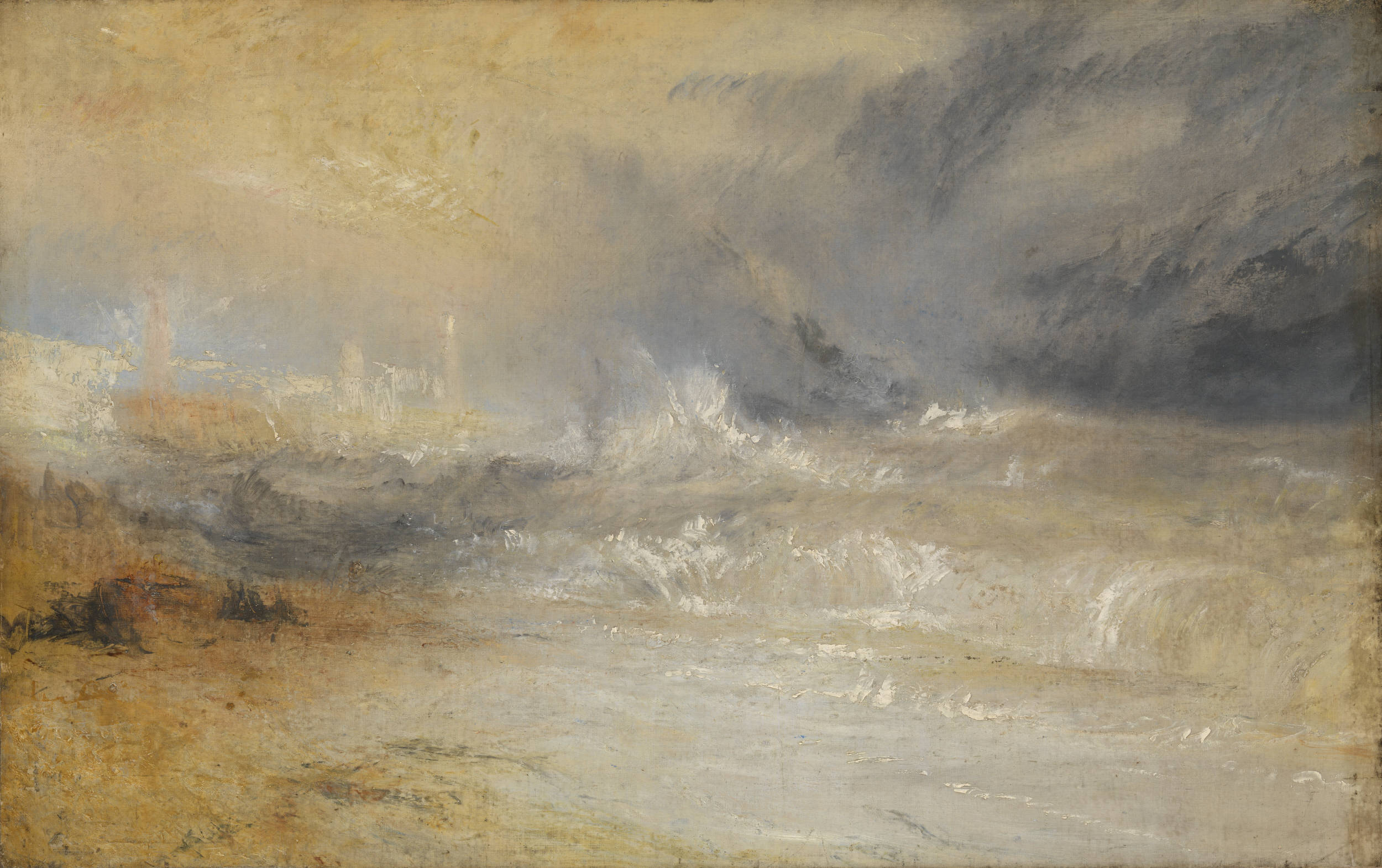 An illustration of 'Waves breaking on a lee shore at Margate' by Turner.