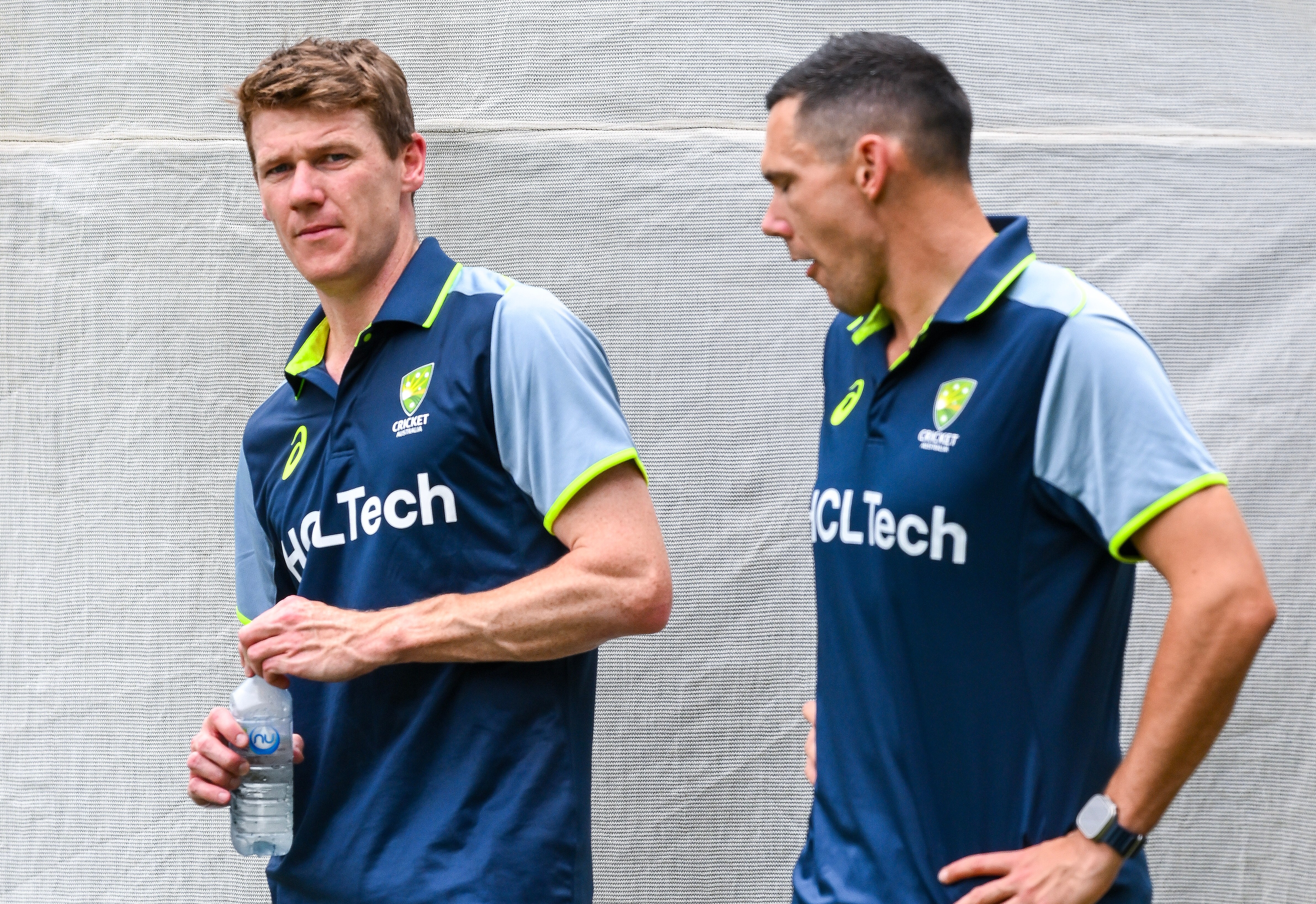 Brendan Doggett and Scott Boland of Australia during a cricket nets session.