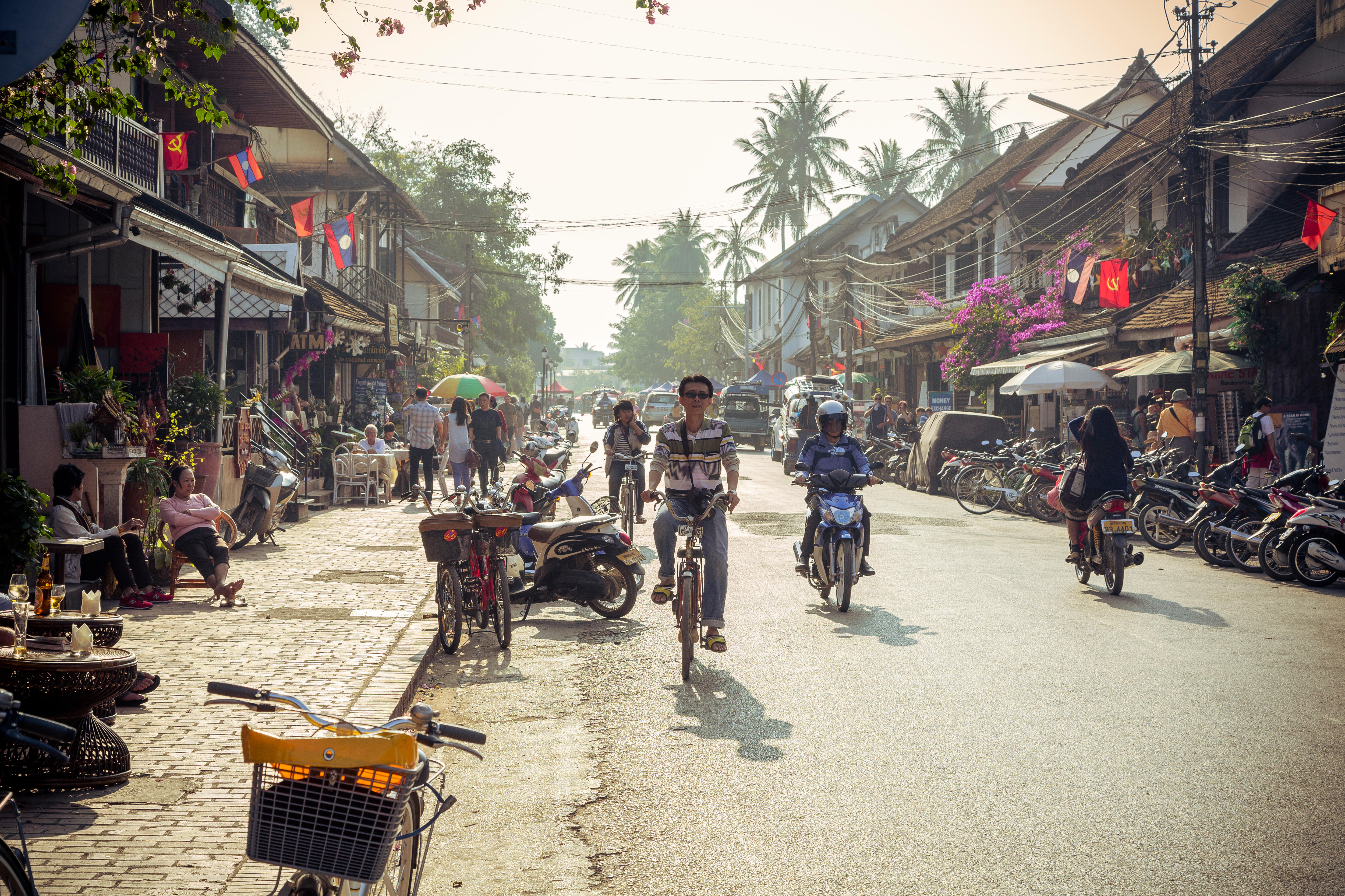 Shops and restaurants on Sisavangvong Road in Luang Prabang, Laos.