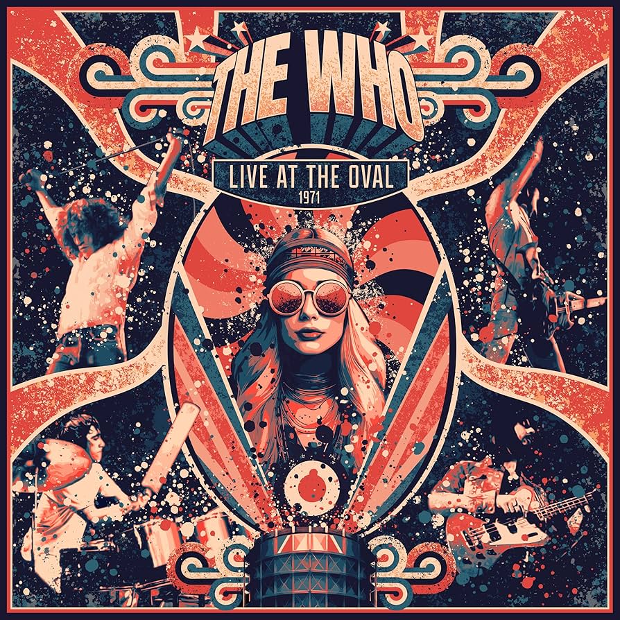 Illustration of "The Who Live at The Oval 1971" album cover with a central figure in round glasses and band members playing instruments.
