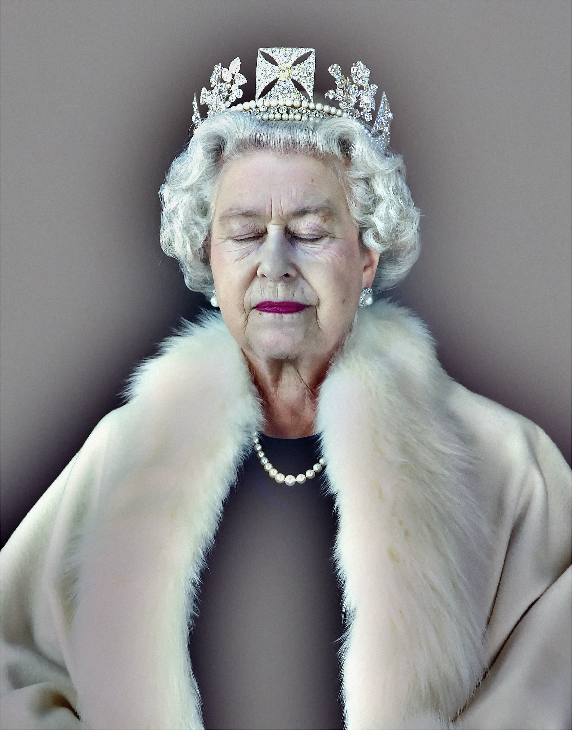 Portrait of Queen Elizabeth II with eyes closed, wearing a crown, fur stole, and pearl necklace.