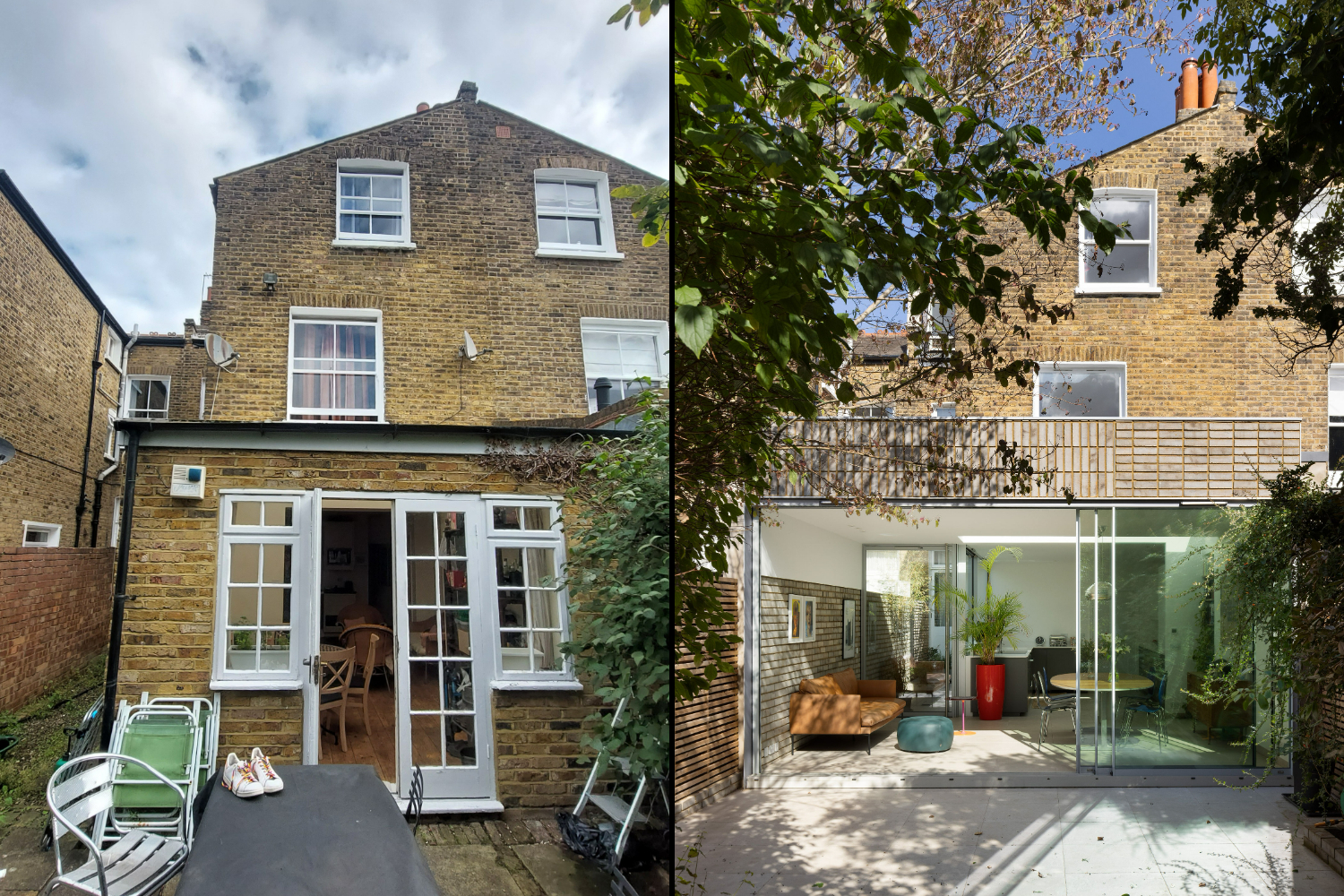 Collage of two images of a house exterior, before and after a renovation that added a modern glass extension.