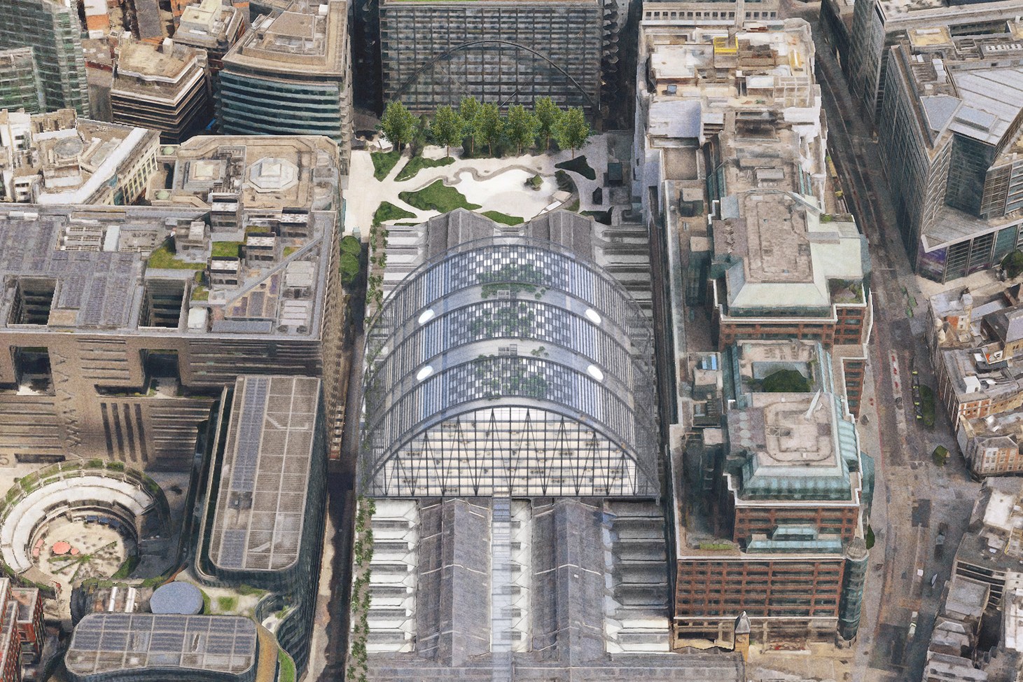 Proposed new design for Liverpool Street Station in London, aerial view.