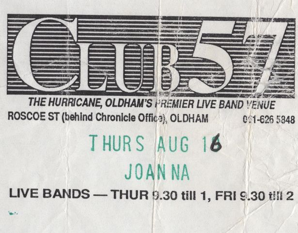 A ticket stub for Joanna's show at Oldham venue Club 57