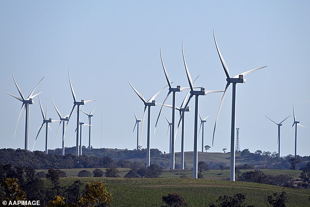 AGL's annual report says renewables cost three times more than coal to produce energy (pictured, power-generating windmill turbines in Goulburn, NSW)