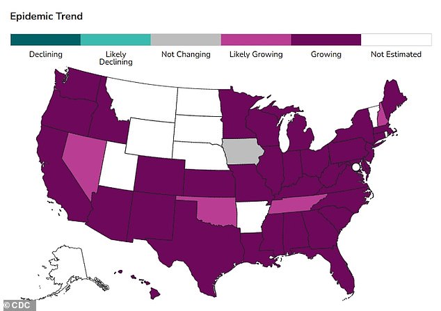 The CDC uses data from emergency department visits to model epidemic trends. This model helps reveal if the number of new respiratory infections is growing or declining in each state