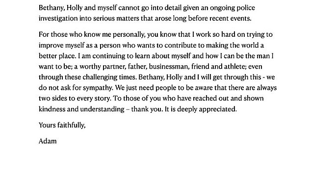 He penned: 'Bethany, Holly and I will get through this - we do not ask for sympathy. We just need people to be aware that there are always two sides to every story'