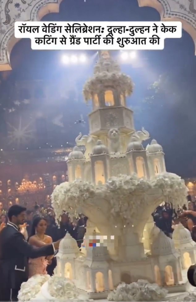 The couple's cake-cutting ceremony featured an all-white multi-tiered cake that appeared to resemble a mini palace, and was even sculpted with elephants, lions and cascading flowers