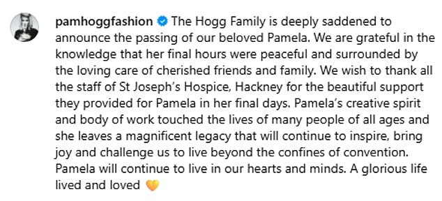 News of Pam's passing was shared by her family in a statement on Instagram, saying they were 'deeply saddened' by her passing