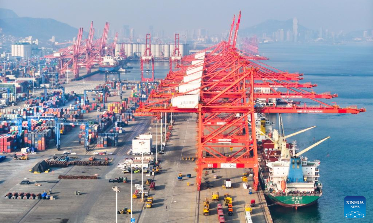 An aerial drone photo shows the container terminal of Lianyungang Port in east China