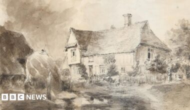 A chalk drawing of a house in the countryside. The house, trees and a fence around the property has been drawn.