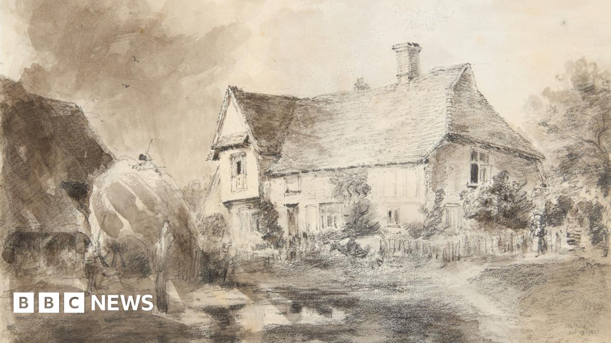 A chalk drawing of a house in the countryside. The house, trees and a fence around the property has been drawn.