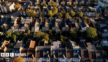 An aerial view of about 100 houses