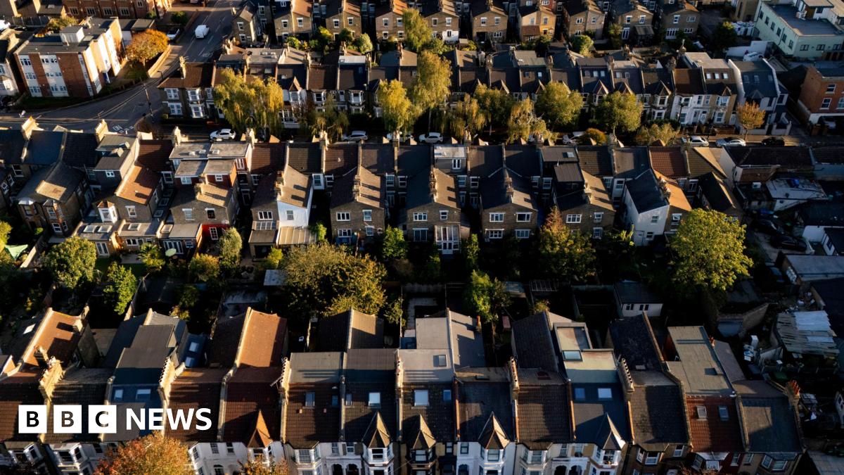 An aerial view of about 100 houses