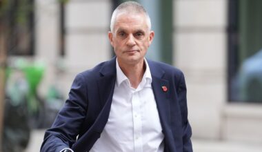 Outgoing BBC director-general Tim Davie outside BBC Broadcasting House this morning. Pic: PA