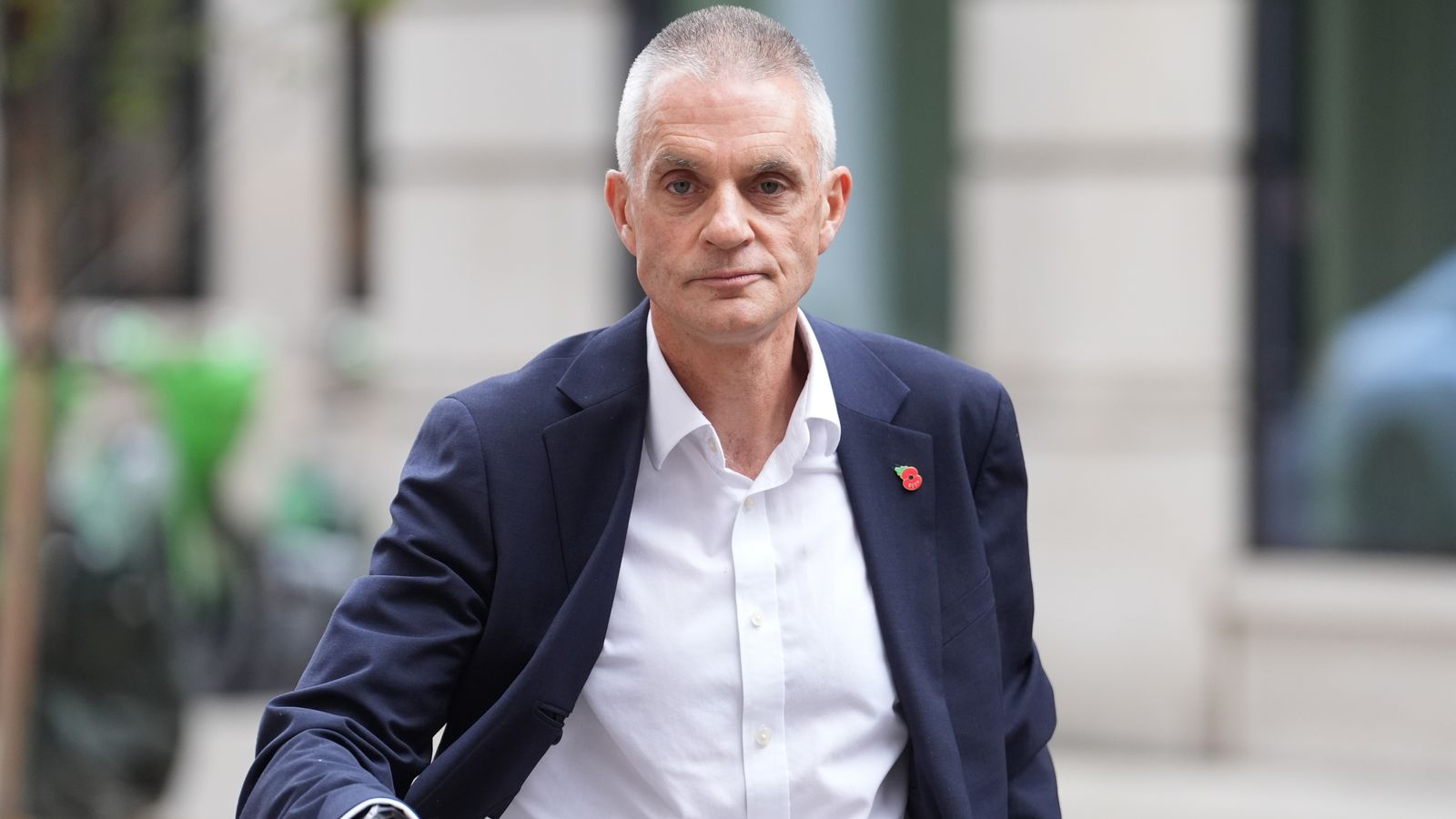 Outgoing BBC director-general Tim Davie outside BBC Broadcasting House this morning. Pic: PA