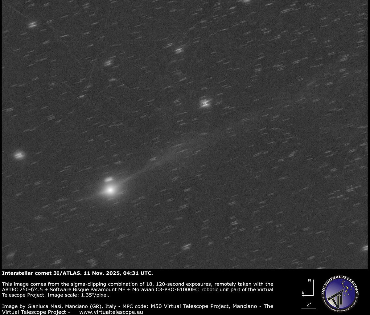Image of comet 3I/ATLAS captured by the Gianluca Masi for the Virtual Telescope Project, Manciano, Italy 11 November 2025, 04:31 UTC. Equipment: Moravian C3-61000EC Mono CMOS camera, ARTEC 250 f/4.5 astrograph, Software Bisque Paramount