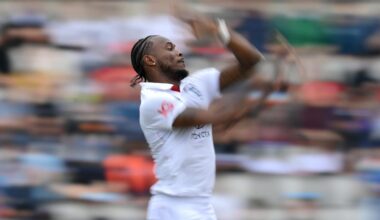 Side view of Jofra Archer bowling in a Test match