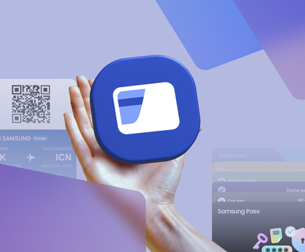 A hand holding the Samsung Wallet logo surrounded by digital cards and a boarding pass.