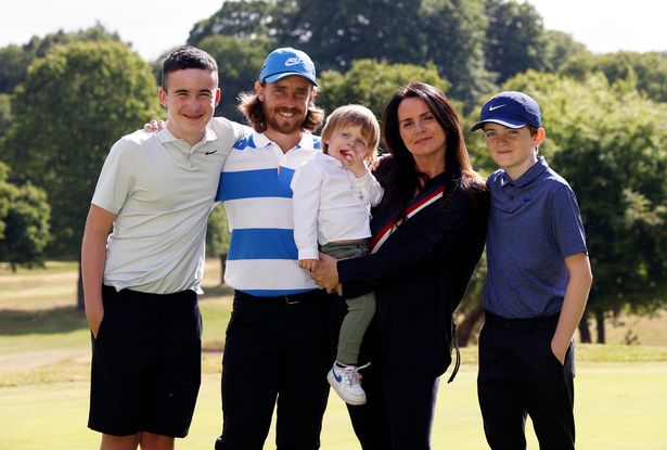 Tommy Fleetwood of England with his family  L-R  Oscar, Tommy Fleetwood, Frankie, wife Clare and Murray after his practice session at Sandiway Golf Club