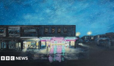 A painting of an amusement arcade at night, with a bright blue starry sky above, the neom lights shining on the wet pavement