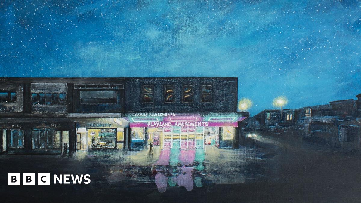 A painting of an amusement arcade at night, with a bright blue starry sky above, the neom lights shining on the wet pavement