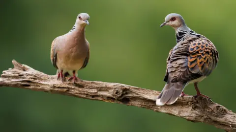 Getty Images Two turtle doves perched on a weathered branch against a soft green background. The birds have patterned wings with shades of brown, black, and gray, and slender bodies with pinkish legs
