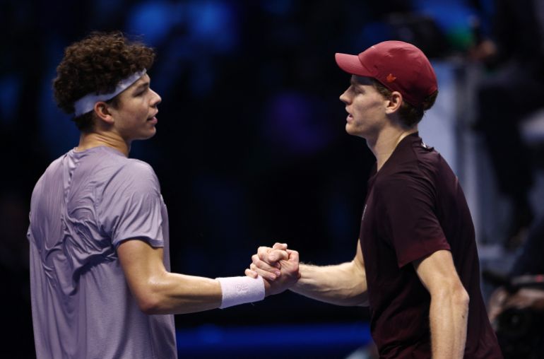 Jannik Sinner and Ben Shelton react.