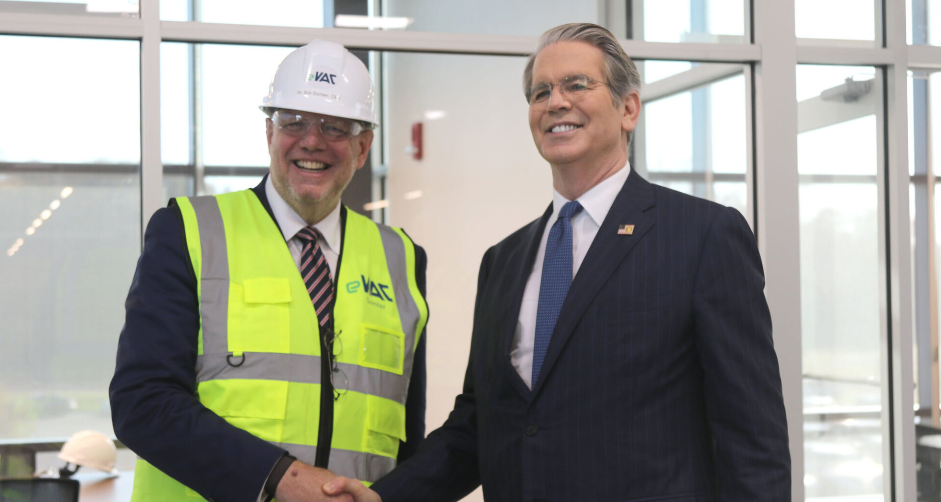 VAC Group Chief Executive Officer Erik Eschen, left, and Scott Bessent, the 79th Secretary of the Treasury of the United States, are seen at the facility on Friday morning.