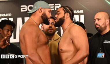 Frazer Clarke speaks to Jeamie 'TKV' Tshikeva during a face-off