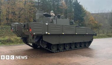 The green Ajax armoured vehicle