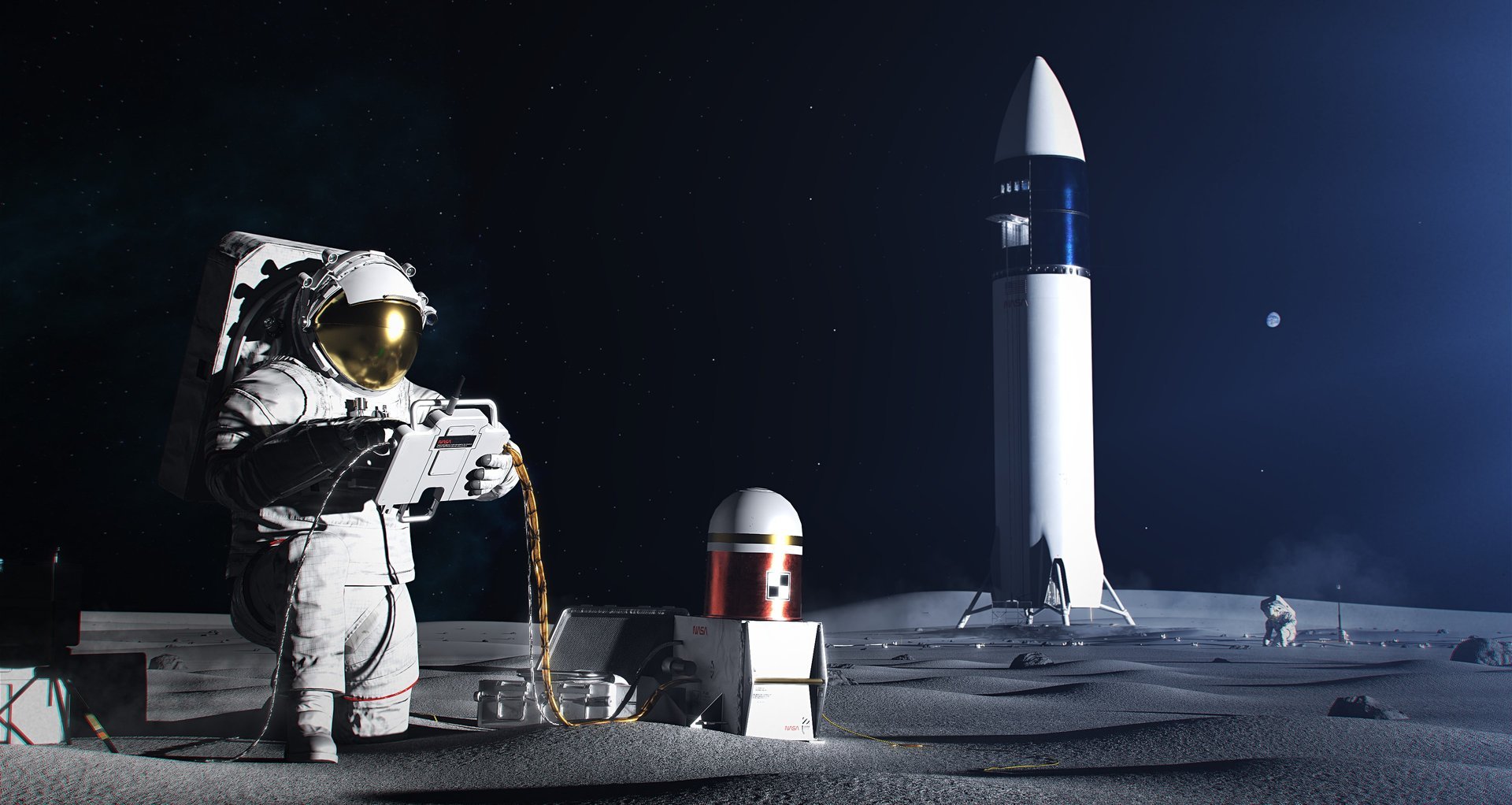 An artist's conception shows astronauts on the moon with SpaceX's Starship in the background. (Credit: NASA)