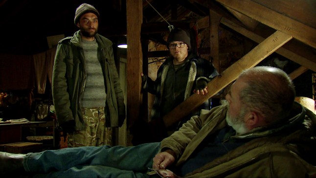 Two slaves attempt to talk to Bear in the attic in Emmerdale