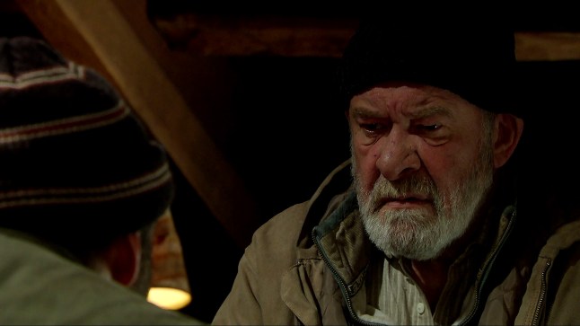 Bear, in the attic, is looking worried in Emmerdale