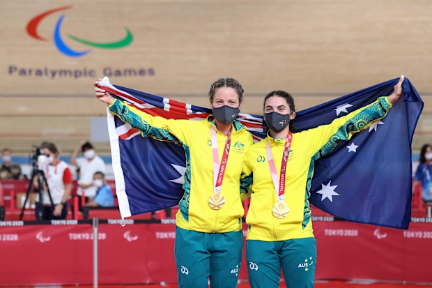 IZU, JAPAN - AUGUST 25: Womens C4 3000m Individual Pursuit gold medalist Emily Petricola (L) of Team Australia and Womens C1-2-3 3000m Individual Pursuit gold medalist Paige Greco of Team Australia pose after their Track Cycling competitions on day 1 of the Tokyo 2020 Paralympic Games at Izu Velodrome on August 25, 2021 in Izu, Shizuoka, Japan. (Photo by Kiyoshi Ota/Getty Images)