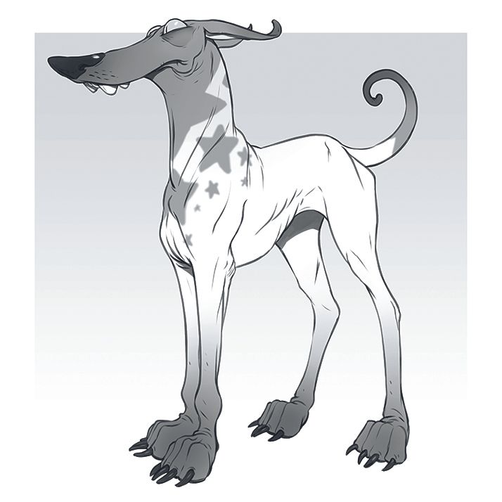 A dog character design with stars on its neck in black and white
