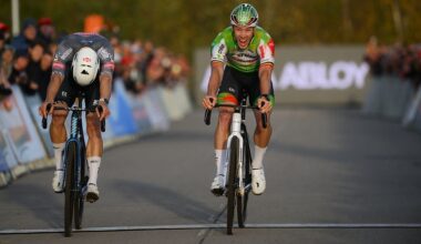Belgian Laurens Sweeck celebrates as he crosses the finish line to win ahead of Belgian Niels Vandeputte (L) at the men's elite race at the 'Jaarmarktcross' cyclocross cycling event in Niel, race 3/8 of the Superprestige competition, on Tuesday 11 November 2025.BELGA PHOTO DAVID PINTENS (Photo by DAVID PINTENS / BELGA MAG / Belga via AFP)