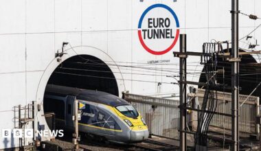A Eurostar train enters the Eurotunnel in Coquelles, northern France.