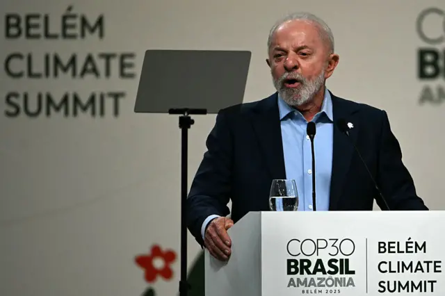 Brazil's President Luiz Inacio Lula da Silva delivers a speech during the General Plenary of Leaders in the framework of the COP30 UN Climate Change Conference in Belem, Para State, Brazil, on November 6, 2025