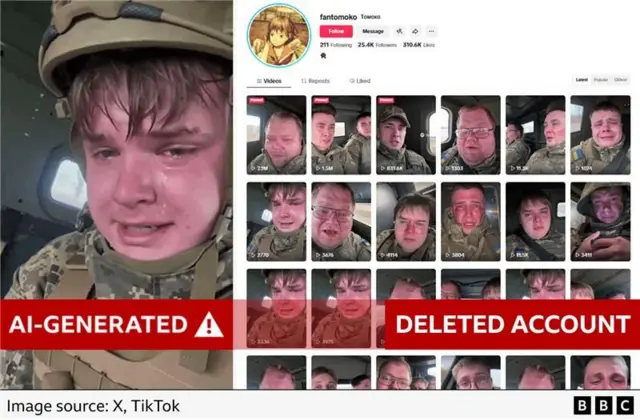 A screenshot from the AI video and a screenshot of the now-deleted TikTik account