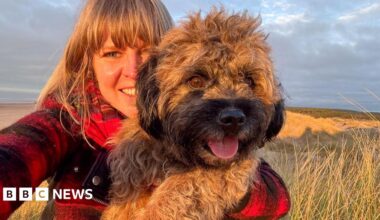 A woman in a red jacket cuddles a small, dog. The dog is looking into the distance and has its tongue out and looks happy. There is a beach in the background and it is a sunny day.