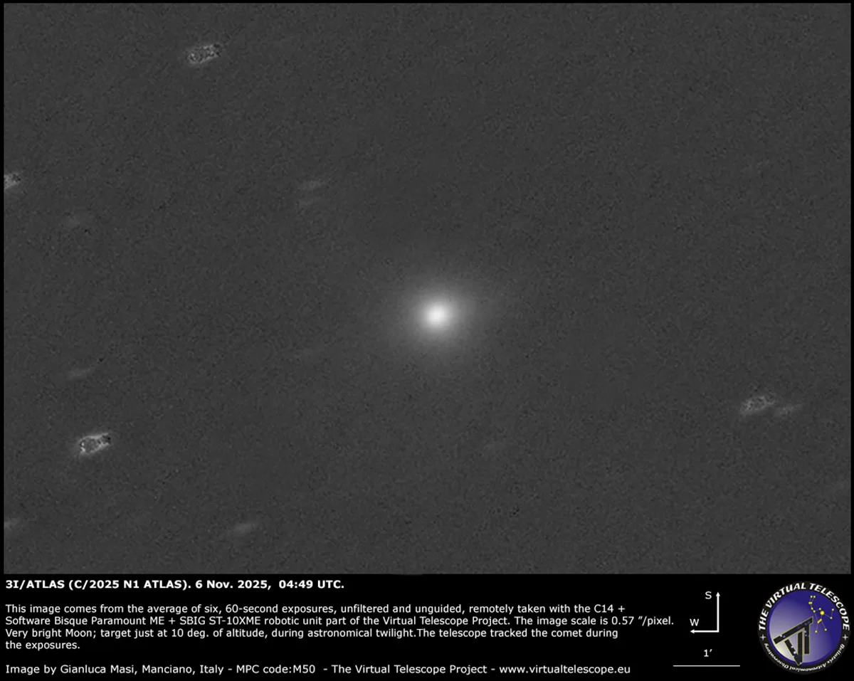 Comet 3I/ATLAS captured remotely by Gianluca Masi of the Virtual Telescope Project, Manciano, Italy, 6 November 2025, 04:49 UTC. Equipment: SBIG ST-10XME CCD camera, Celestron C14 Schmidt-Cassegrain