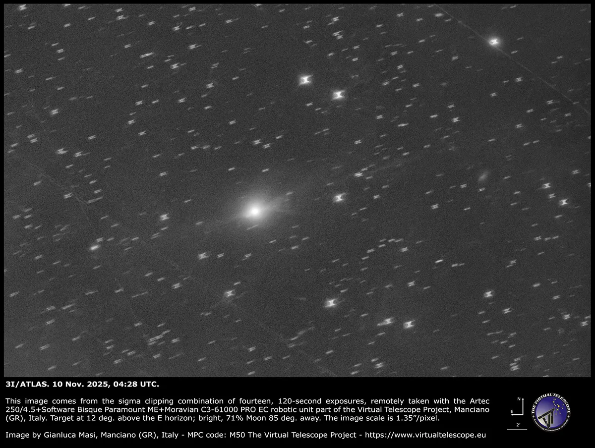 Comet 3I/ATLAS captured remotely by Gianluca Masi of the Virtual Telescope Project, Manciano, Italy, 10 November 2025, 04:28 UTC. Equipment: Moravian C3-61000EC Mono CMOS camera, ARTEC 250 f/4.5 astrograph, Software Bisque Paramount
