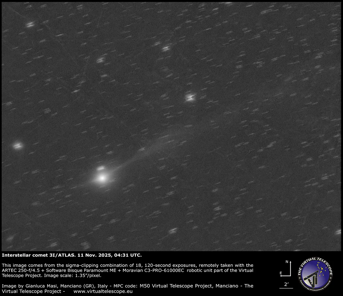 Image of comet 3I/ATLAS captured by the Gianluca Masi for the Virtual Telescope Project, Manciano, Italy 11 November 2025, 04:31 UTC. Equipment: Moravian C3-61000EC Mono CMOS camera, ARTEC 250 f/4.5 astrograph, Software Bisque Paramount