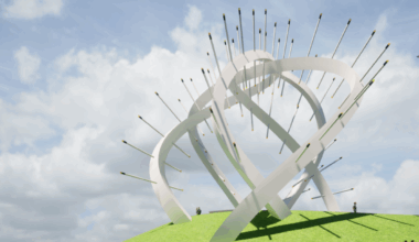 A computer generated view of a spiral sculpture with light spikes protruding from it on top of a mound of grass with people dotted around it.