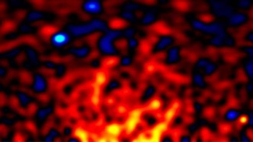 A red, yellow and blue blurry structure.