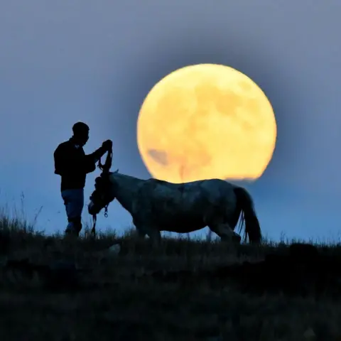 Huseyin Demirci / Anadolu via Getty Images A man and horse silhouette shows him holding reins while standing on a grass hill as evening begins to shroud the scene. The Moon shines a bright orange as it rises in Kars, Turkey on Wednesday.
