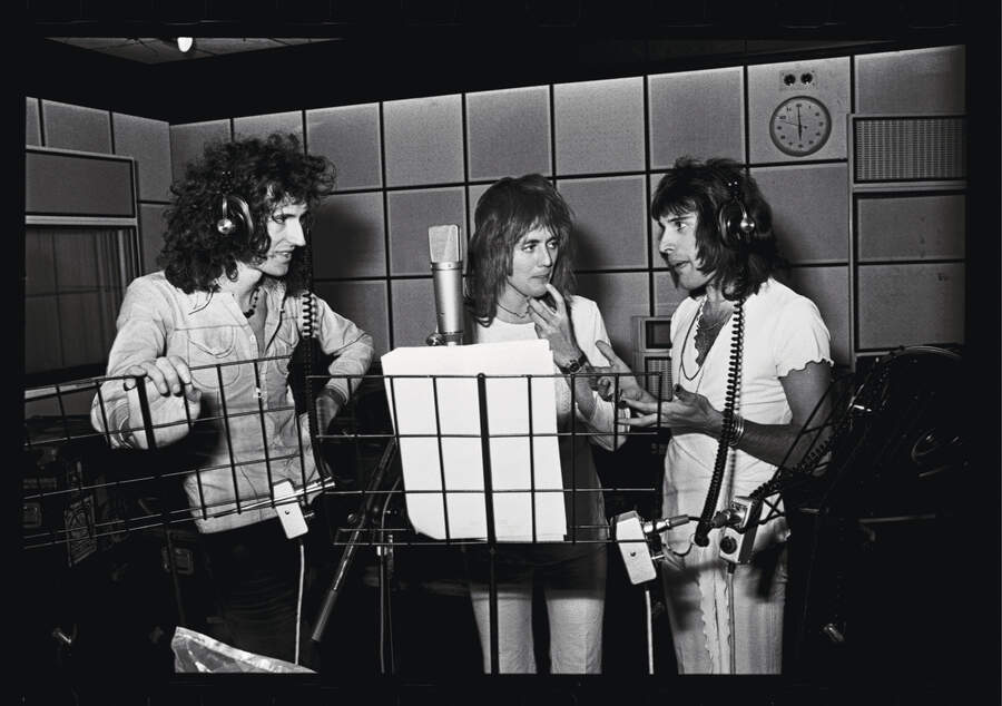 Brian May, Roger Taylor and Freddie Mercury recording vocals for A Night At The Opera at Scorpio Sound studios in London, September 11, 1975