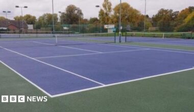 A blue tennis court with nets set up. The surround of the court is green.