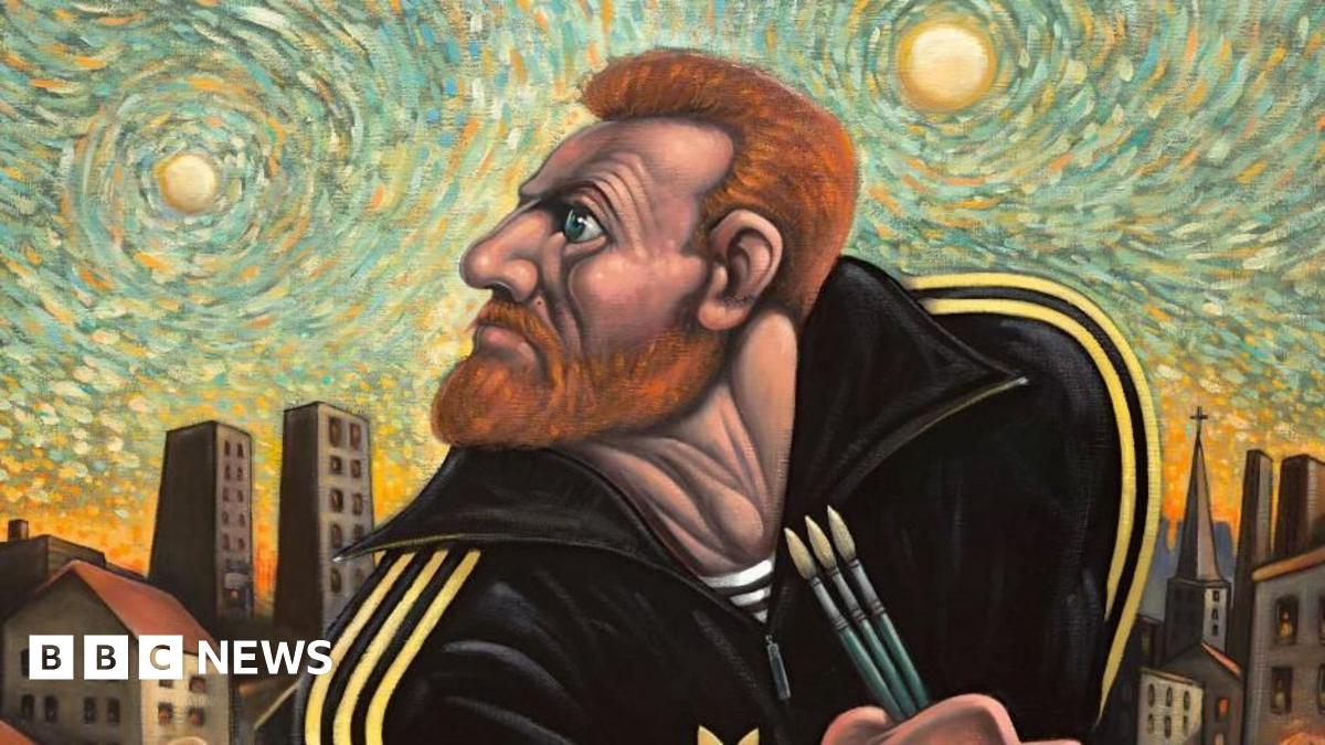 Peter Howson, a man in his 60s with short, grey hair is wearing a dark green sweatshirt. He is standing next to Ross Muir, who is in his 40s and has shoulder-length, brown curly hair, and a beard and moustache. He is wearing a yellow beanie hat, a yellow hoodie with splashes of paint on it, and blue denim overalls.